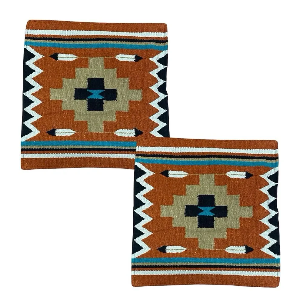 Pair of El Paso Saddle Blanket Co. 18” Wool Southwestern Aztec Pillow Covers (2)